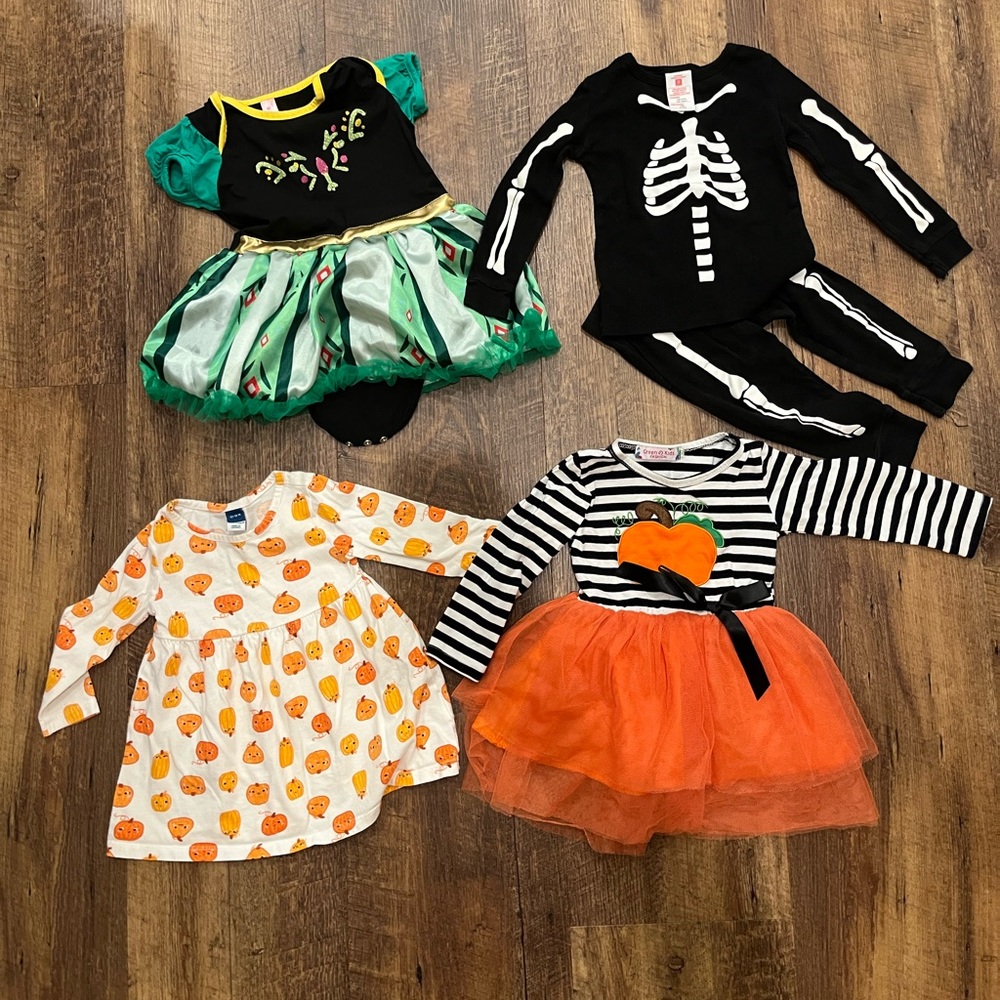 12-24M Halloween Bundle - Frozen Dress, Pumpkin Dress, Skeleton Jams, Tutu Dress